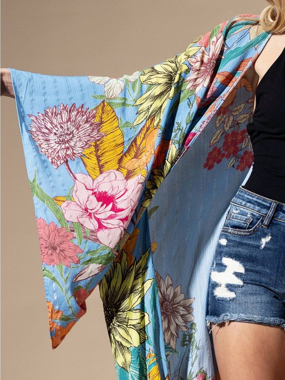 Marionette Floral Lurex Duster Kimono Coverup Boho Resort One Size
